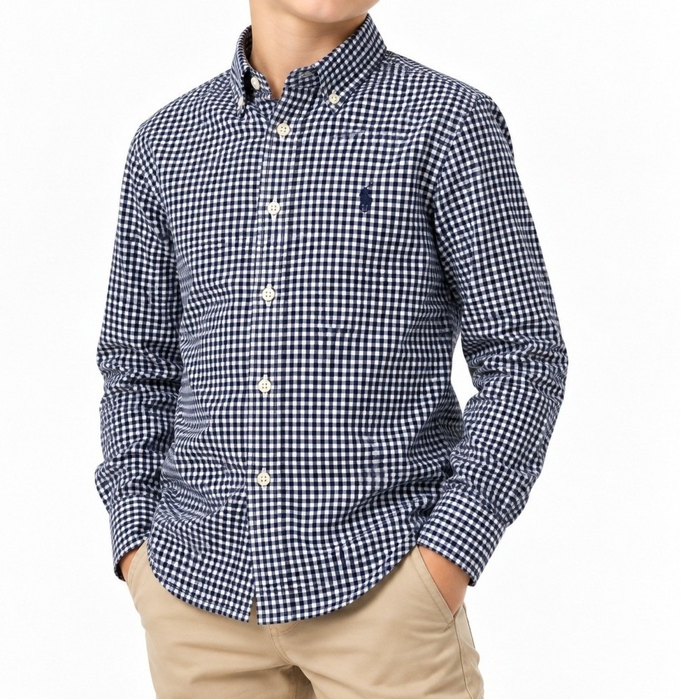 Ralph Lauren Boys Button Down Shirt Navy White M 10-12 Long Sleeve Gingham